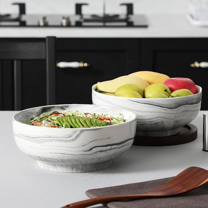 MALACASA Salad Bowls, 114 OZ(10") Extra Large Serving Bowls Set of 2, Porcelain Marble Grey Bowls Set for Soup, Salad, Ramen and Fruit, Dishwasher& Microwave Safe, Series REGULAR-Ruum Studio Home