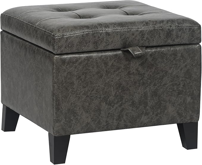 Adeco Faux Leather Storage Ottoman Bench with Wood Legs, 17.7" Square Mixed Grey PU Cube Foot Stool, Upholstered Button Tufted Vanity Chair with Hinged Lid for Living Room, Bedroom, Dorm-Ruum Studio Home