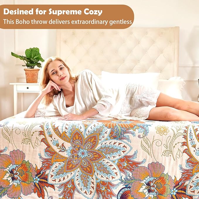 Boho Throw Blanket, 100% Organic Cotton Breathable Ultra Soft Bed Quilt Throw - All Season Floral Bird Butterfly Farmhouse Decor Blanket for Sofa Couch Chair and Gift. 50" x 60"-Ruum Studio Home