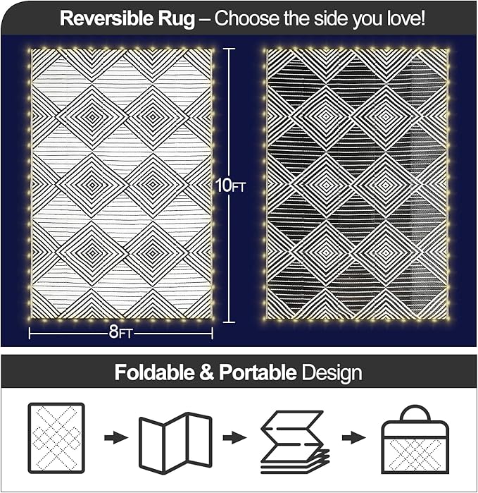 8x10ft Waterproof Outdoor Rug with LED Lights, Foldable Reversible Plastic Straw Mat for Patio RV Camping Picnic Balcony Beach Deck Indoor Outdoor Carpet, Black&White-Ruum Studio Home
