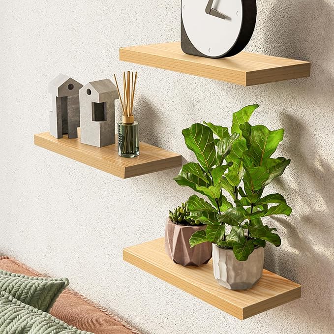BAYKA Floating Shelves for Wall, Wall Mounted Rustic Wood Shelves for Bathroom, Bedroom, Living Room, Kitchen,Small Hanging Shelf for Books/Storage/Room Decor (Oak-Toned, Set of 3, 15.7in)-Ruum Studio Home