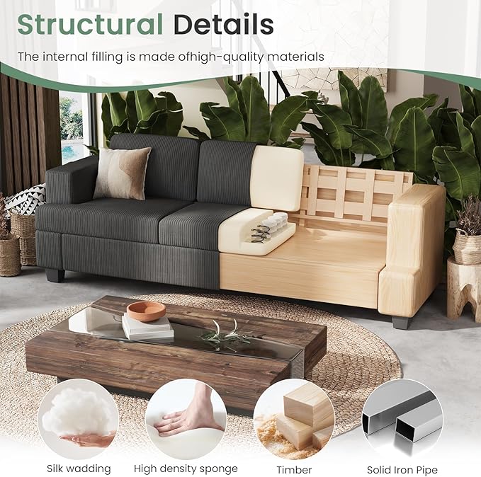 3 Seater Corduroy Couch for Living Room, 89” Black Cloud Sofa, Deep Seat Floor Couch for Bedroom, Futon Modern Sofa Sectional Bed, Black Corduroy-Ruum Studio Home