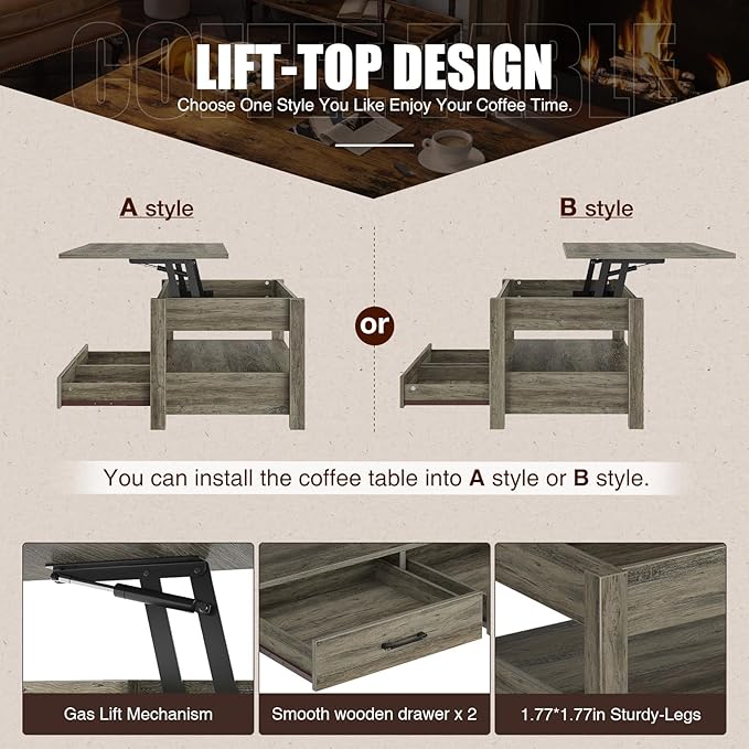 Rolanstar Coffee Table, 47.2" Lift Top Coffee Table with Drawers and Hidden Compartment, Retro Central Table with Wooden Lift Tabletop, for Living Room, Washed Oak-Ruum Studio Home
