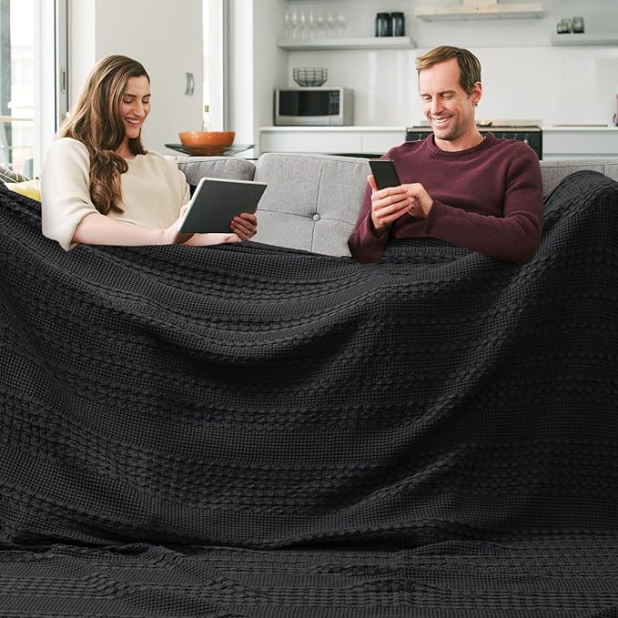 PHF 100% Cotton Waffle Weave Blanket Oversized King for Bed 120"x120"- Giant Big Lightweight Blanket 10'x10' for Bed Sofa - Aesthetic Extra Large Washed Cotton Soft Blanket - Black-Ruum Studio Home
