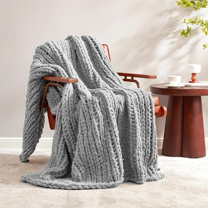 Amélie Home Chunky Knit Throw Blanket for Couch, Soft Chenille Crochet Blanket for Children, 40"x50", Light Grey-Ruum Studio Home