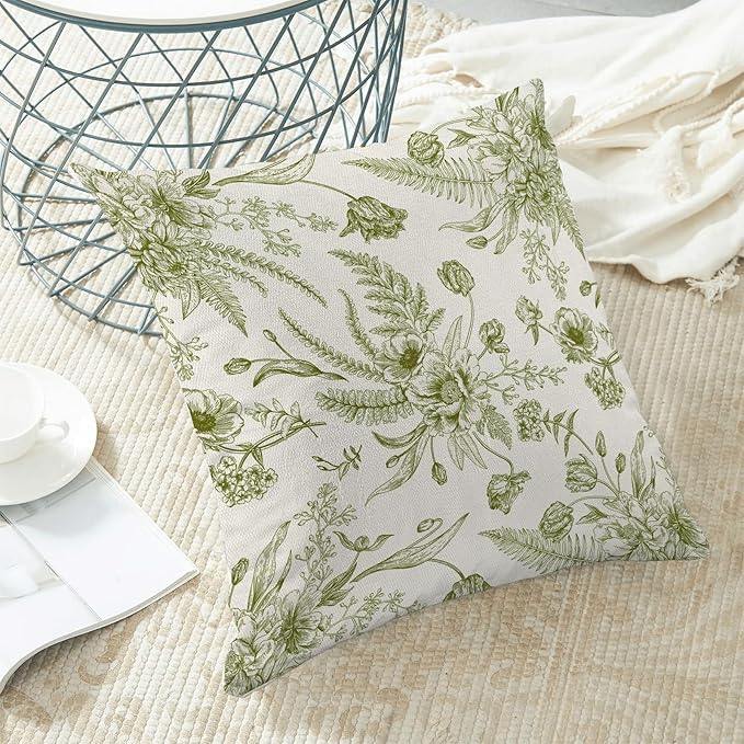 CXMEIFLY Sage Green Spring Pillow Covers 20 x 20 Inch Set of 2 for Chinoiserie Flowers Decor Throw Pillows Floral Leaves Seasonal Plant Outdoor Decorative Cushion Cases for Couch Bed Decorations-Ruum Studio Home