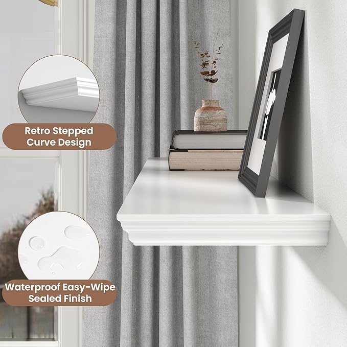 Floating Shelves for Wall, 55 Inch Long Wall Mounted White Hanging Shelf for Kitchen, Living Room, Office, Bedroom, Bathroom, Retro Vintage Wood Bookshelf for House Decor-Ruum Studio Home