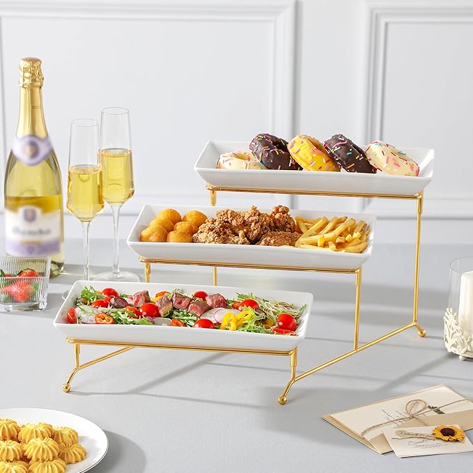 MALACASA 3 Tier Serving Trays for Party, 12 Inch Porcelain White Trays for Serving Food, Dessert Stand with Collapsible Gold Metal Rack-Ruum Studio Home