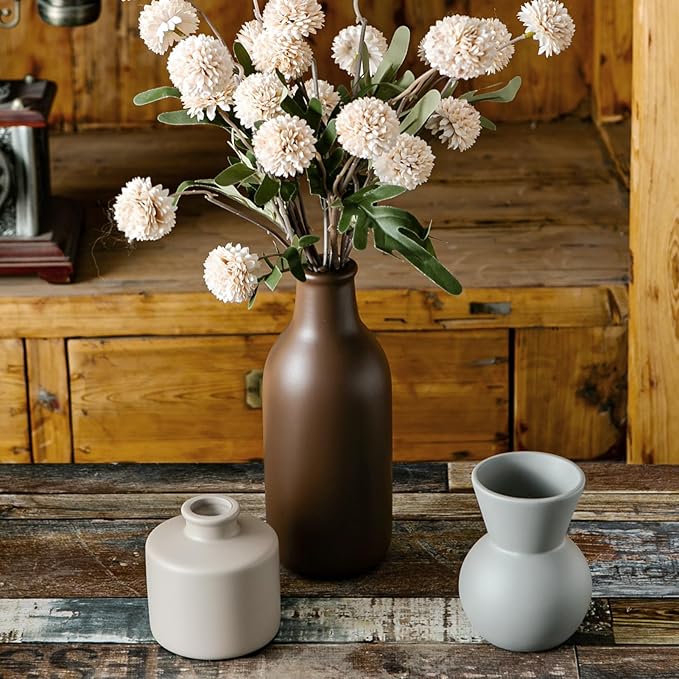 Fake Flowers in Vase for Centerpieces, Faux Flowers in Modern Ceramic Vase Set of 3 with 8 Artificial Autumn Chrysanthemums Home Decor-Ruum Studio Home