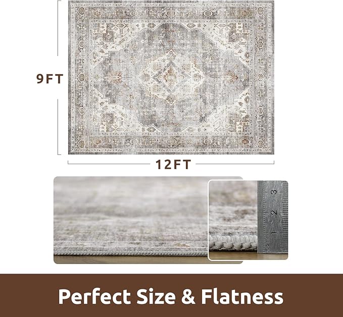 AMOAMI Area Rug - 9x12 Vintage Soft Grey Rug - Non Slip, Washable for Living Room, Bedroom, Dining Room, Office-Ruum Studio Home