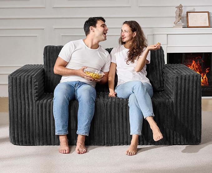 Modular Sectional Sofa 2 Seater Loveseat Modular Couch with Deep Seat Memory Foam Cloud Chair with Pillows Oversized Sectional Sofa for Living Room Bedroom (Strip Grey, Loveseat)-Ruum Studio Home