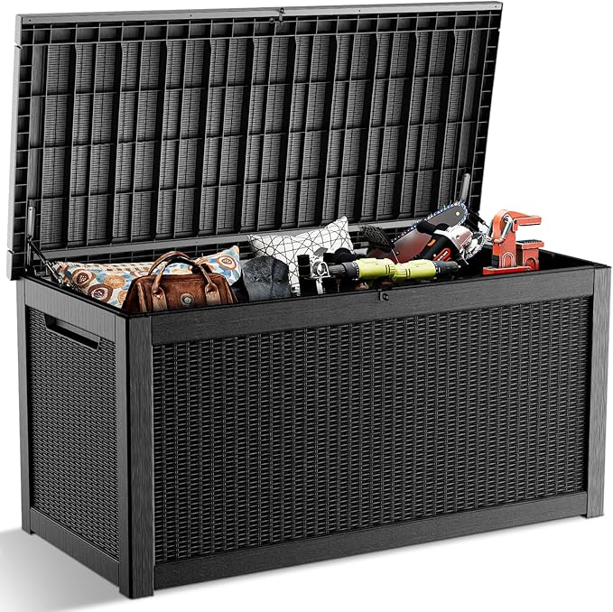 268 Gallon Outdoor Deck Box,Storage Lockable Waterproof Patio Furniture,Garden Tools,Cushions,Pool Accessories Outside Storage Resin Box(Black)-Ruum Studio Home