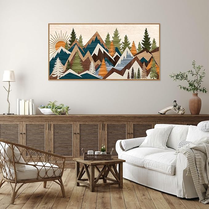 Tinonedraw Large Metal Mountain Framed Canvas Wall Art, Boho Rustic Sunrise Forest Wall Decor, 3 Piece Vintage Nature Artwork, Modern Wilderness Art Print for Living Room Bedroom Office 20"x40"-Ruum Studio Home