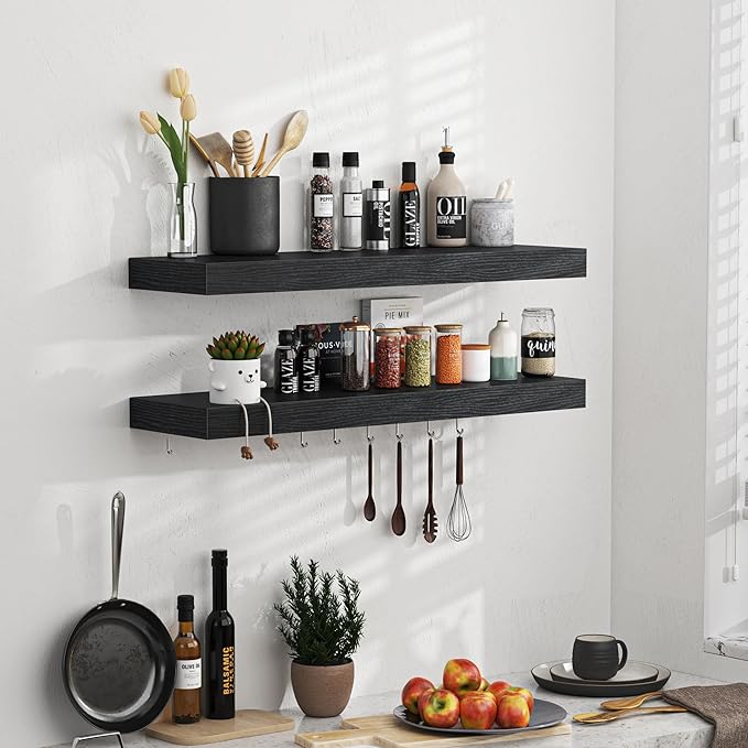 Floating Shelves - 2 Pack 9 Inch Rustic Wooden Wall Shelves - Extra Deeper & Thicker Wall Mounted Storage Shelf for Living Room, Kitchen, Farmhouse - 24" W x 9" D x 1.6" H - Rustic Black-Ruum Studio Home