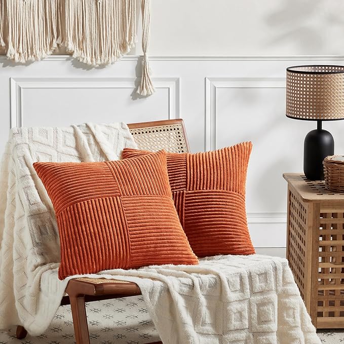 Fancy Homi Set of 2 Burnt Orange Decorative Throw Pillow Covers 22x22 Inch for Living Room Couch Bed, Boho Farmhouse Fall Home Decor, Soft Corss Corduroy Patchwork Textured Cushion Case 55x55 cm-Ruum Studio Home