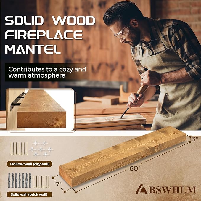 60x7x3 Fireplace Mantel - Solid Rustic Wood - Wall Mounted Floating Shelf with Invisible Heavy Duty Steel Bracket (Natural Wood)-Ruum Studio Home