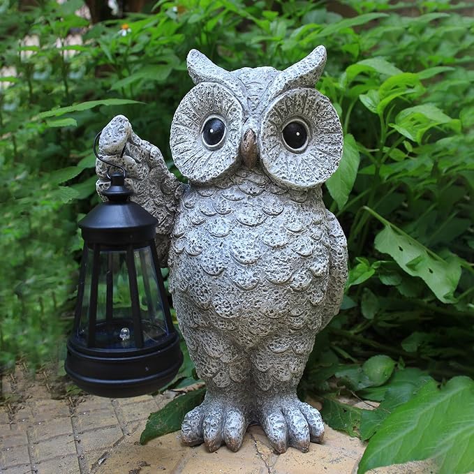 Garden Statues, owl Outdoor Figurines Decorated with Solar Lights, Unique Christmas Birthday Gifts for Moms, Grandmas, Women, Wives, Sisters (Grey Owl1)-Ruum Studio Home
