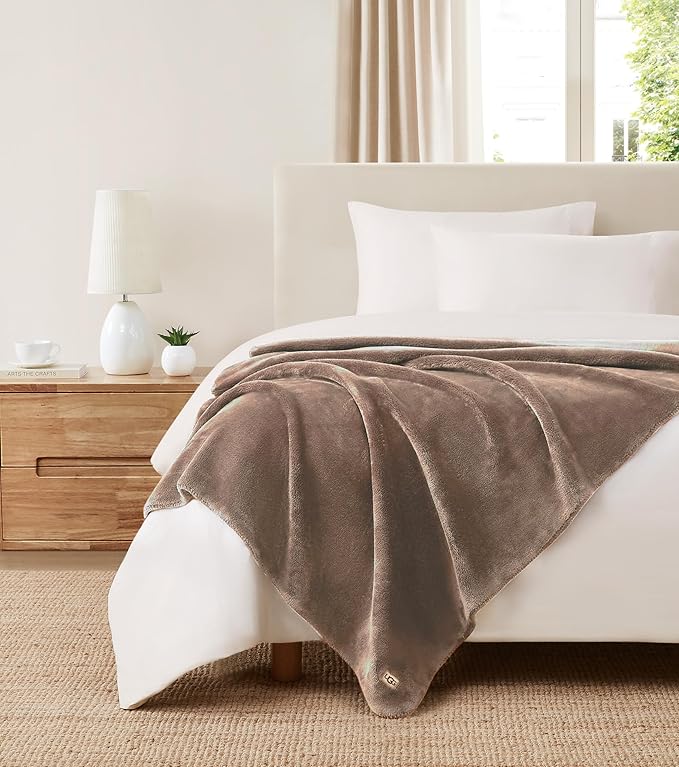 UGG Whitecap Plush Throw Blanket Fleece Lightweight Soft Throw for Couch or Bed Luxury Home Decor for Living Room Washable Hypoallergenic Blankets for Dorm Decor, 50-inch x 70-inch, Light Fawn Brown-Ruum Studio Home
