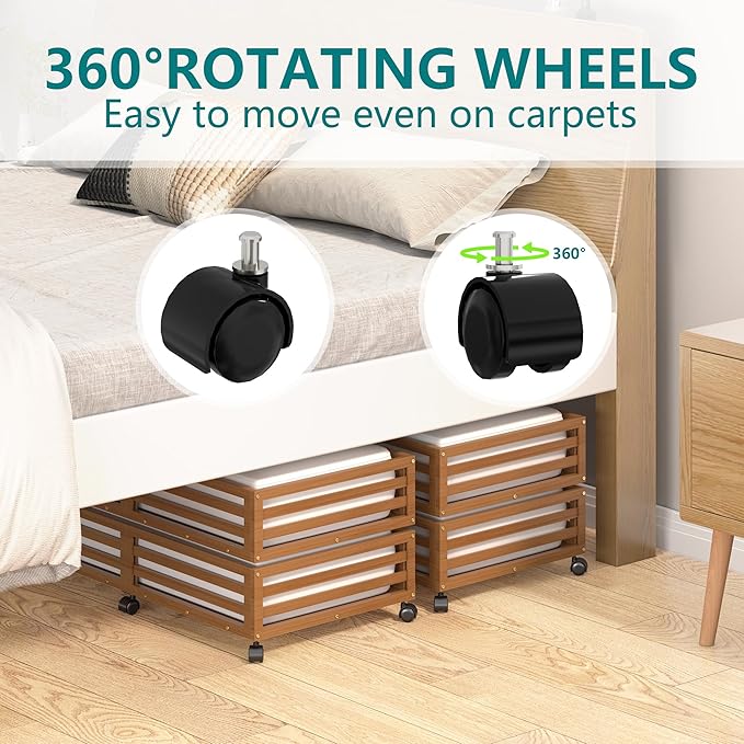 Bamboo Under Bed Storage Containers- Underbed Organizer with Wheels with Large Dust Bag,Sturdy Wood Rolling Under the Bed Shoe Storage Organizer Drawer 2 Packs (Walnut, Long)-Ruum Studio Home