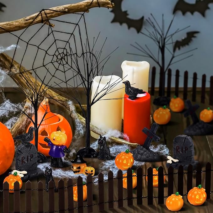 Wesiti 30 Pcs Halloween Village Accessories Set Miniature Halloween Figurines Village Trees Cat Pumpkin Tombstones Figurine Horror Miniature Accessories for Garden Decor-Ruum Studio Home