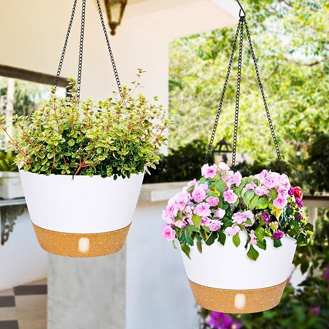 QCQHDU 2 Pack Hanging Planters for Indoor Outdoor Plants, 8 Inch Hanging Baskets Flower Pots with Reservoir Tray & Visible Water-Level-Ruum Studio Home
