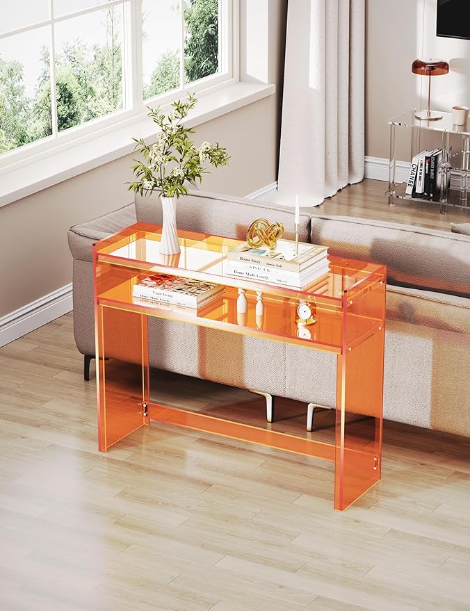 Acrylic Console Table, Entryway Table with Storage Shelves (1, 39.4 * 31.5 * 11.7 inches) (Orange)-Ruum Studio Home