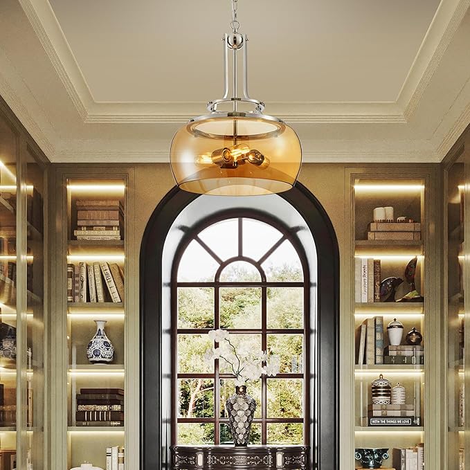 WUZUPS Nickel Chandelier Rustic Farmhouse Industrial Round Ceiling Pendant LED Light Fixture with Amber Glass Shade for Dining Room Kitchen Island Foyer Entryway, H 20.9" W 15.9", E26 Base-Ruum Studio Home