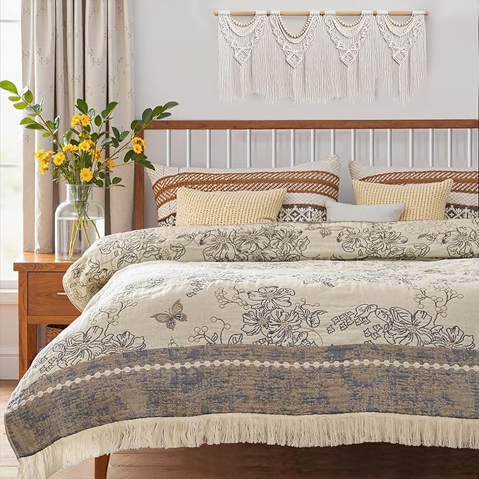 jinchan Boho Floral 100% Cotton Blanket 4-Layer Throw Blanket with Tassel Grey and White Flower Butterfly Soft Luxury Rustic Farmhouse Decor Blanket for Couch Bed 80x90 inch All Season Gift for Women-Ruum Studio Home