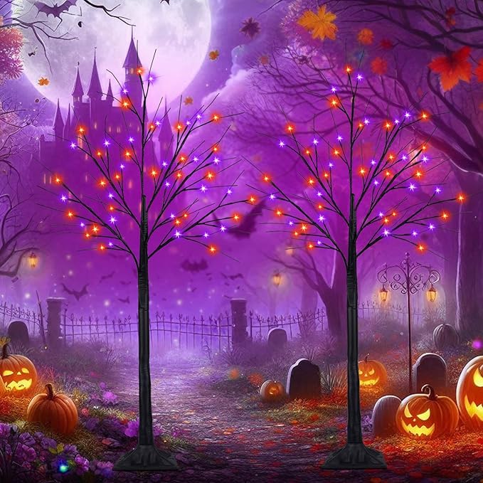 2Pack 4FT 100LED Black Halloween Tree Lights, Timer Function Halloween Trees with Purple and Orange Lights, Spooky Trees Light for Indoor Outdoor Halloween Decorations-Ruum Studio Home