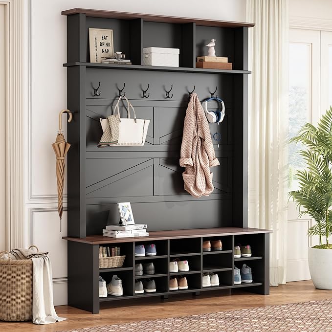 Ball & Cast 4-in-1 Hall Tree with 6 Hooks,Walnut Entryway Bench with Adjustable Shelves,Rustic Shoe Organizer with 16 Open Compartments,for Mudroom,Living Room,Hallway,Black-Ruum Studio Home