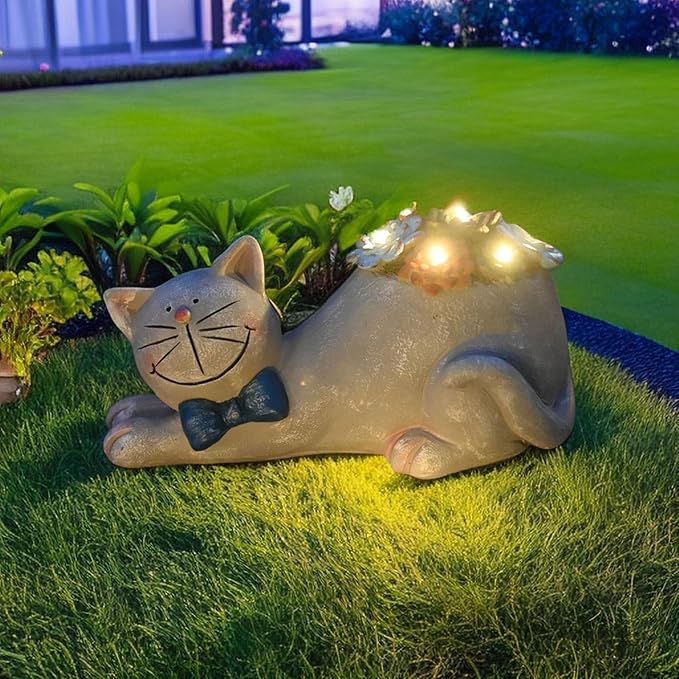 Cat Garden Figurines Outdoor Decor Solar Statue with Succulent and LED Lights for Patio Lawn Yard Art Decoration Housewarming Garden Gift-Ruum Studio Home