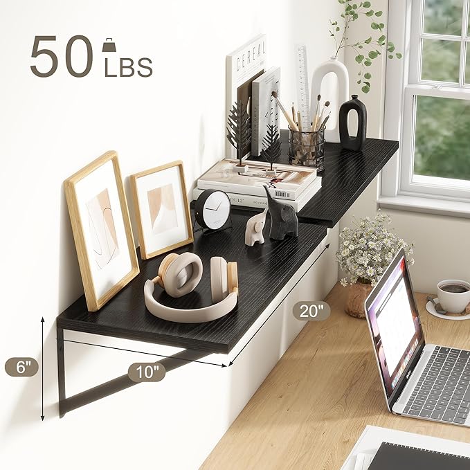Fun Memories 20 Inch Floating Shelves for Wall, Black Bathroom Shelves Set of 2, 10 Inch Deep Wall Shelf for Bedroom, Kitchen, Large Home Decor Shelves Farmhouse Storage Shelf-Ruum Studio Home