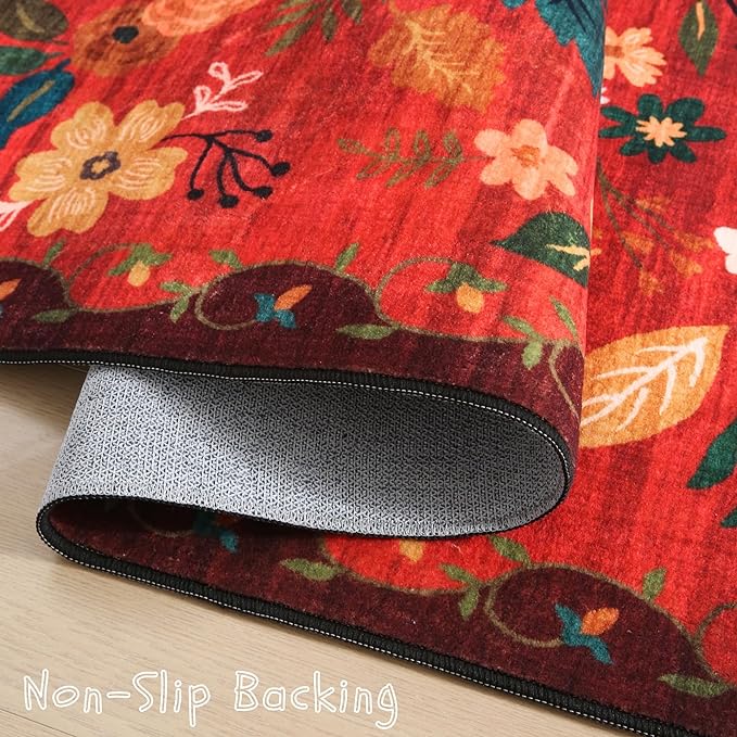 Door Mat Indoor Entrance 2x3 Rug Machine Washable Boho Floral Small Area Rug Non-Slip Low Pile Throw Rugs for Entryway, Kitchen, Front Door Indoor Entrance, Entry, Kids Room (Red)-Ruum Studio Home