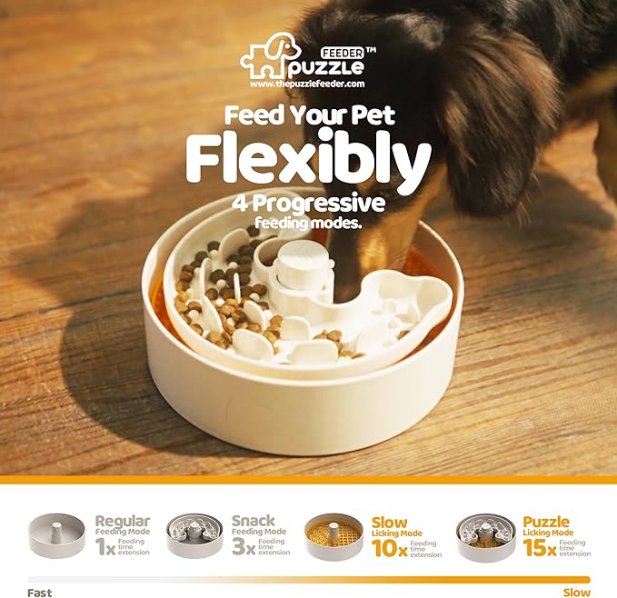 Slow Feeder Dog Bowl with Lick Mat and Puzzle Inserts - Non-Slip Base, Adjustable Speed Design, Dishwasher Safe for Puppies, Orange-Ruum Studio Home