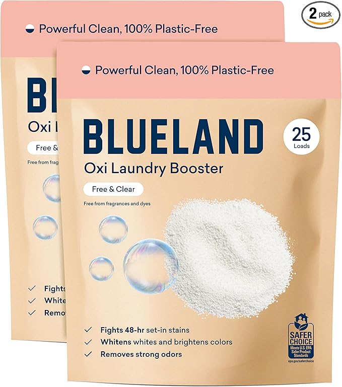BLUELAND Oxi Laundry Booster Powder Refill 2-Pack, Fragrance Free & Clear, 50 Loads, 35.2 oz, Plastic-Free, Eco Friendly, Oxy Cleaner, Stain Remover-Ruum Studio Home