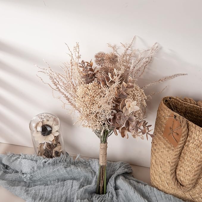 2 Pack Boho Artificial Flowers Plants Bouquet Decoration 13.8inch, Fake Plastic Brown Eucalyptus and Beige Grasses, Faux Floral Arrangement for Wedding Centerpieces Party Home Fall Decor-Ruum Studio Home