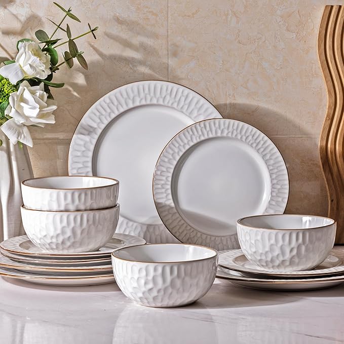 GBHOME Ceramic Dinnerware Sets,12 pcs Embossed Elegant Stoneware Plates and Bowls Sets, Housewarming Wedding Gift | Dishwasher & Microwave Safe | Dishes Set Service for 4-Ruum Studio Home