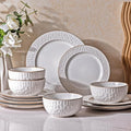 GBHOME Ceramic Dinnerware Sets,12 pcs Embossed Elegant Stoneware Plates and Bowls Sets, Housewarming Wedding Gift | Dishwasher & Microwave Safe | Dishes Set Service for 4-Ruum Studio Home