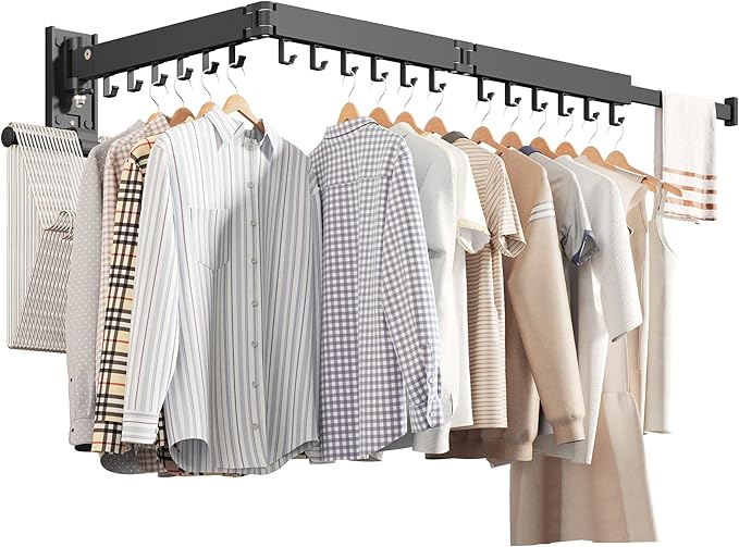 Wall Mounted Clothes Hanger,Clothes Drying Rack,Laundry Drying Rack,Drying Rack Clothing,Laundry Hanger Rack,Retractable Dryer Racks,Collapsible, Aluminum,can be Fold Upward & Left & Right-Ruum Studio Home