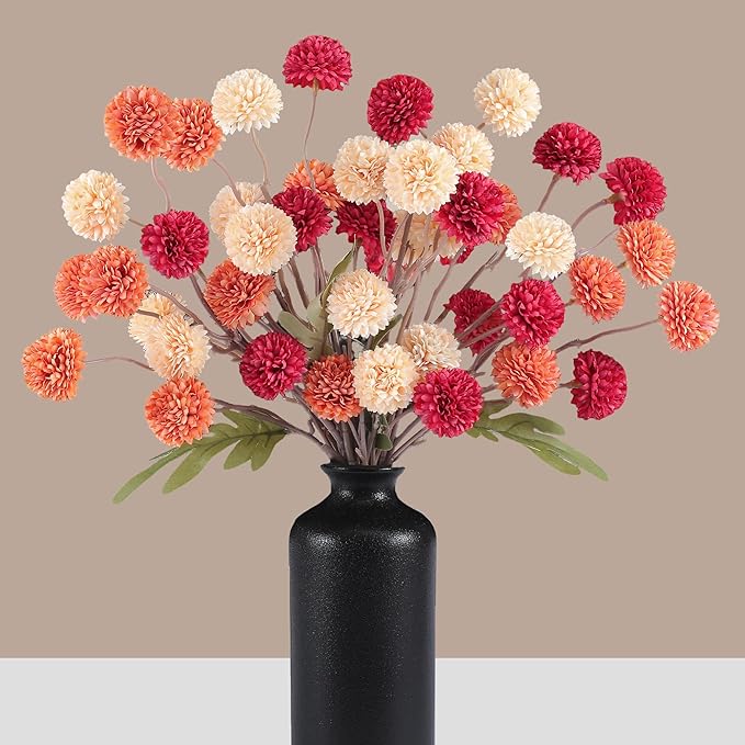 Faux Kiku Flowers Fall 10 Stems & 2 Eucalyptus, Fake Mums Pompon Flower Ball, Autumn Burnt Orange Artificial Chrysanthemums Flowers for Boho Decor, Mini Faux Kiku Flower Wedding Arrangements Decor-Ruum Studio Home