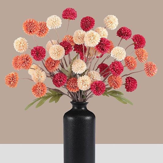 Faux Kiku Flowers Fall 10 Stems & 2 Eucalyptus, Fake Mums Pompon Flower Ball, Autumn Burnt Orange Artificial Chrysanthemums Flowers for Boho Decor, Mini Faux Kiku Flower Wedding Arrangements Decor-Ruum Studio Home