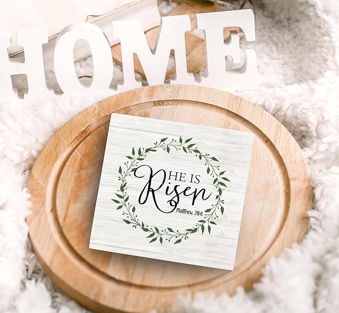 SRADMO He Is Resen Wood Box Sign Desk Decor, Christian Decor Wooden Sign Decoration For Home Office, Wooden Sign Decorations Indoor, Christian Signs For Home Decor Shelf Table Decor-Ruum Studio Home