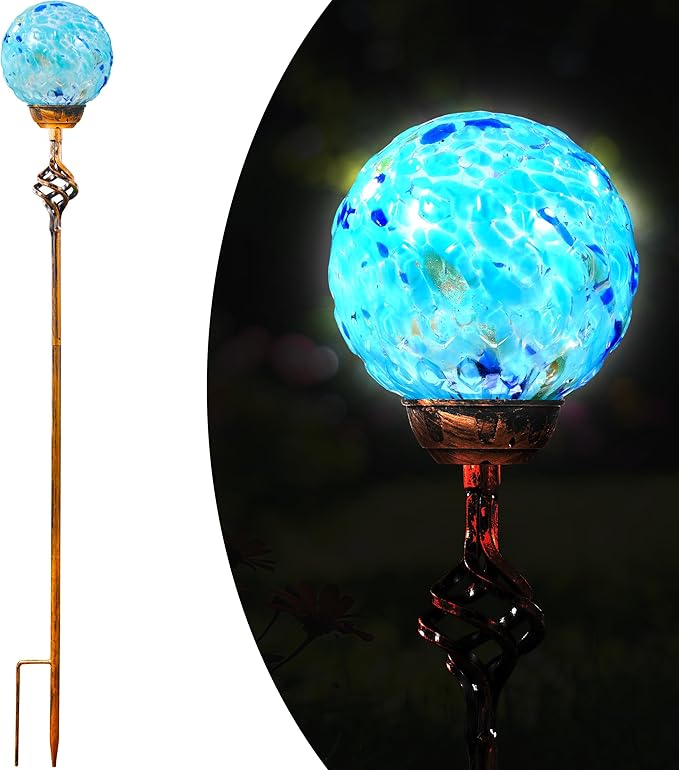 Garden Solar Lights, Decorative LED Honeycomb Glass Ball Garden Stake, Glass and Metal Outdoor Decoration, 4 x 31 Inch (Light Blue)-Ruum Studio Home