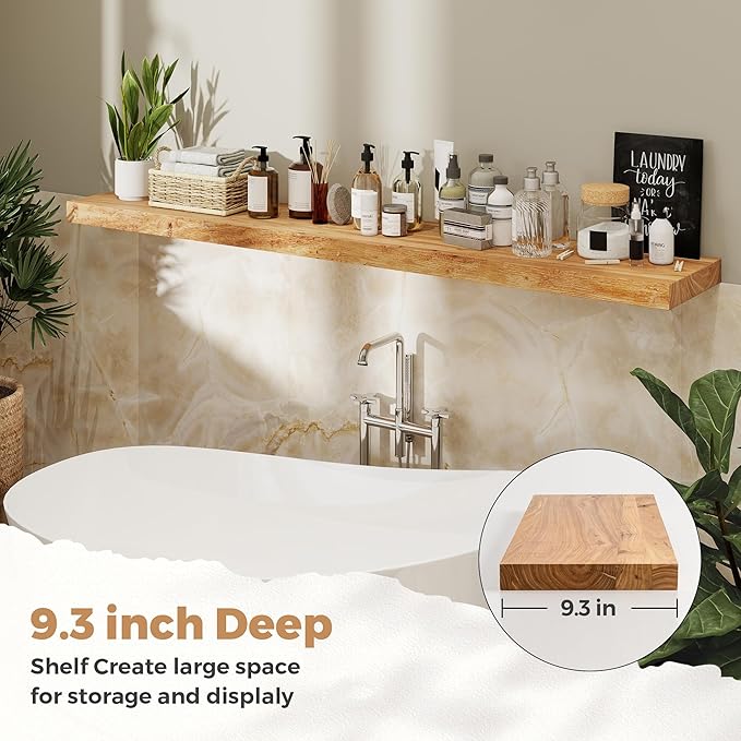 RICHFOCUS Elm Floating Shelves for Wall - 55" W x 9.3" D Rustic Solid Wood Shelves with Invisible Bracket, Wall-Mounted for Living Room, Bedroom, Kitchen Storage & Display, Set of 1, Natural-Ruum Studio Home