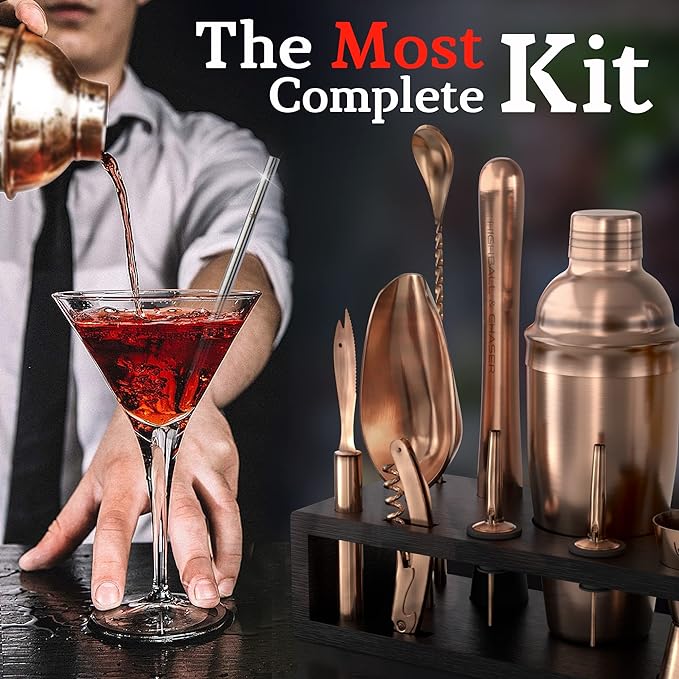Highball & Chaser 13-Piece Cobbler Cocktail Shaker Set Matte Copper Stainless Steel Bartender Kit For Home Bar Cocktail Set Laser Engraved Cocktail Tools Plus E-Book with 30 Different Cocktail Recipes-Ruum Studio Home