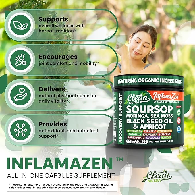 Clean Nutra Soursop Supplement Moringa Sea Moss Black Seed Oil Berberine Turmeric Resveratrol Quercetin Greens Bitters Boswellia Bitter Melon Burdock Root Antioxidant Support 90 Capsules-Ruum Studio Home