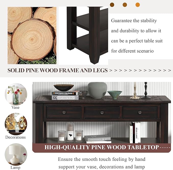 Solid Wood Console Table,Sofa Table with Storage Drawers and Bottom Shelf,Entryway Table for Entry Hallway Foyer,Fully Assembled (48.8" Distressed Black)-Ruum Studio Home