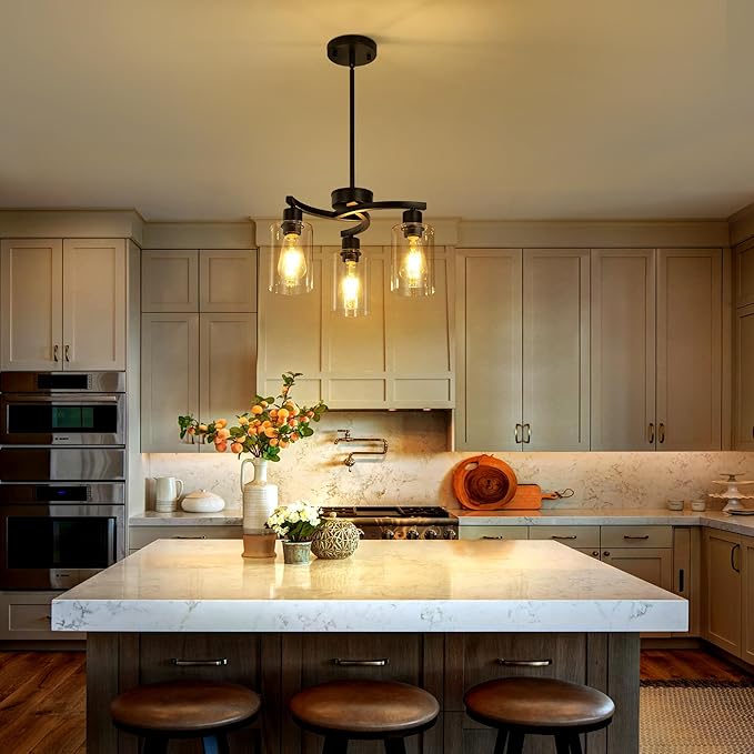 3 Light Modern Dining Chandeliers Over Table，Black Light Fixture for Dining Room，Farmhouse Chandelier with Glass Shade，Industrial Pendant Lighting for Kitchen Island，Foyer,Hallway, Bedroom-Ruum Studio Home