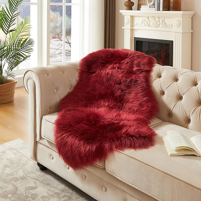 AMTOVO Faux Fur Rug, Burgundy Area Rug, Fluffy Sheepskin Rug, Fuzzy Ultra Soft 2 x 4 ft Shag Rugs for Bedroom Sofa Throw Cushion Room Decor, Sheepskin-Ruum Studio Home