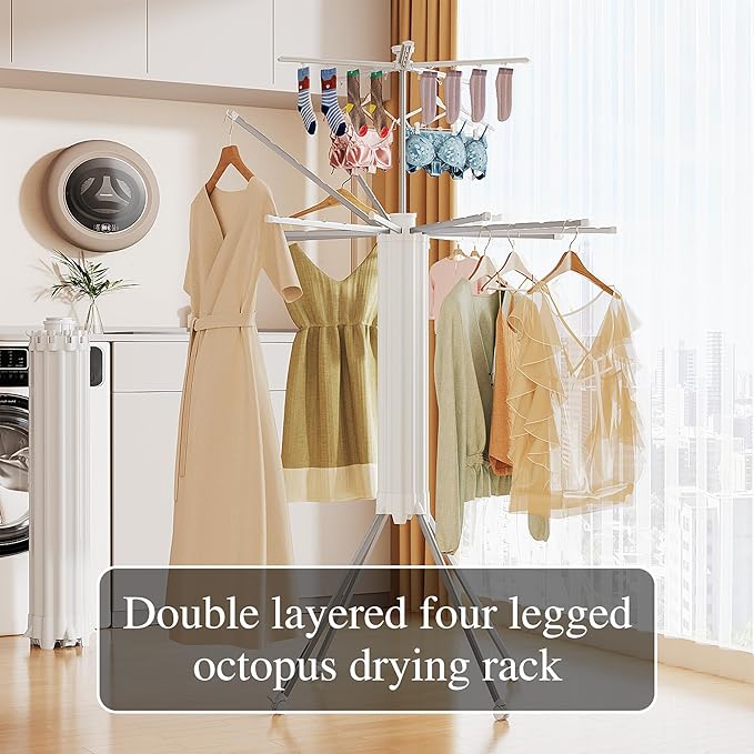 JOOM 4 Legs Double Layer Clothes Drying Rack, Garment Rack Portable and Foldable Space Saving Laundry Drying Rack - Drying Rack Clothing Floor Folding Balcony Bedroom Household Aluminum-Ruum Studio Home